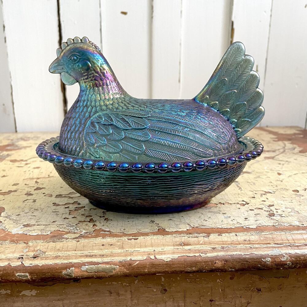 Vintage Indiana Glass Hen On Nest Iridescent Blue Green Teal Carnival Glass